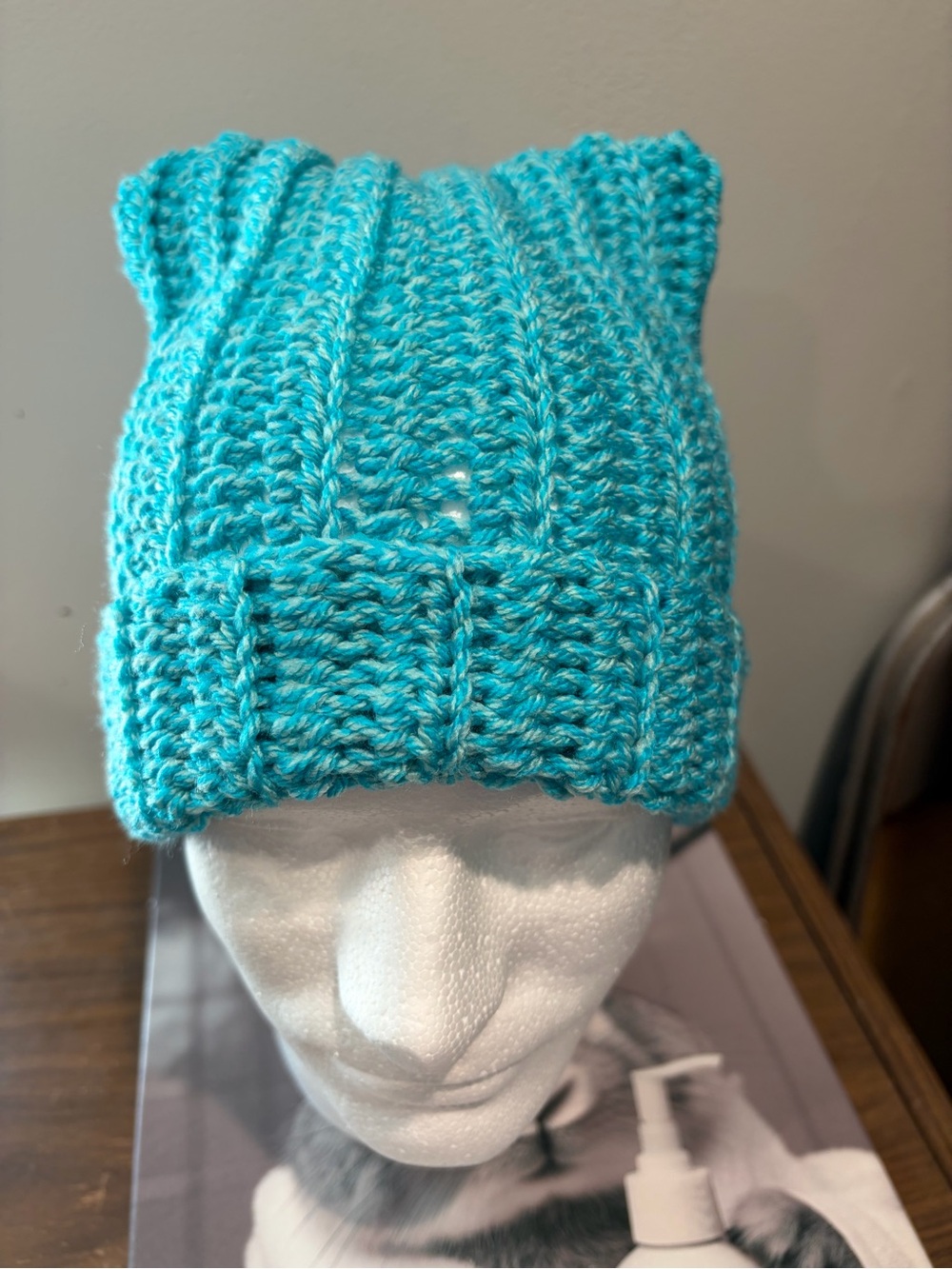 Handmade Turquoise Crochet Cat Ear Beanie | Cozy Kitty Hat - Picture 2 of 5